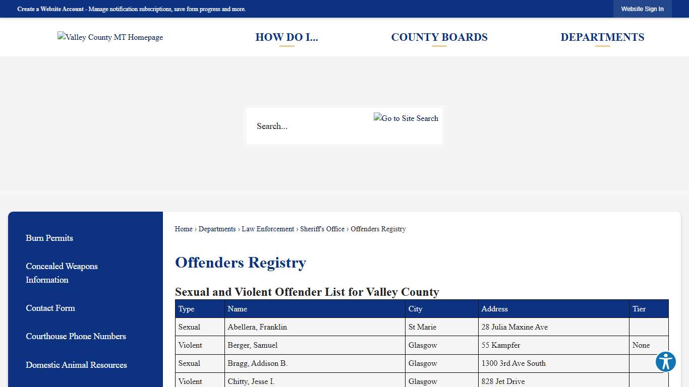 Offenders Registry Valley County, MT